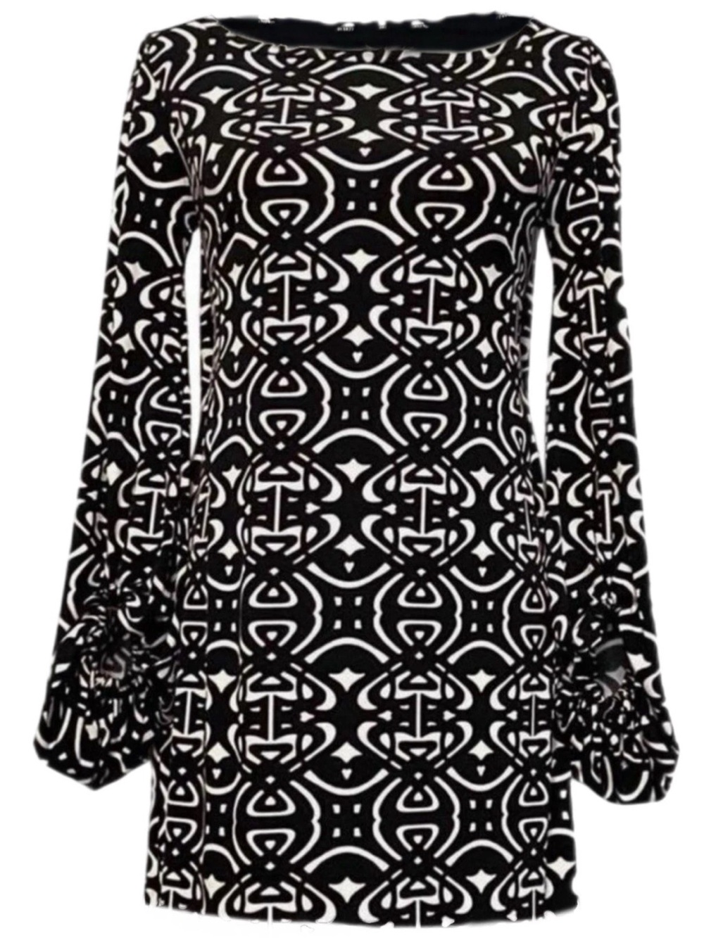 Laundry by Shelli Segal Black and White Geometric Long Sleeve Shift Dress
